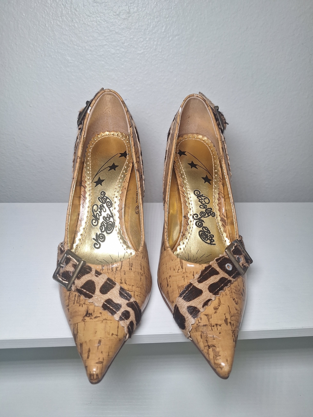 Naughty Monkey "Corkit" Leopard Cowhide Pumps | Vintage Y2K Cork Stiletto Buckle - Picture 3 of 8